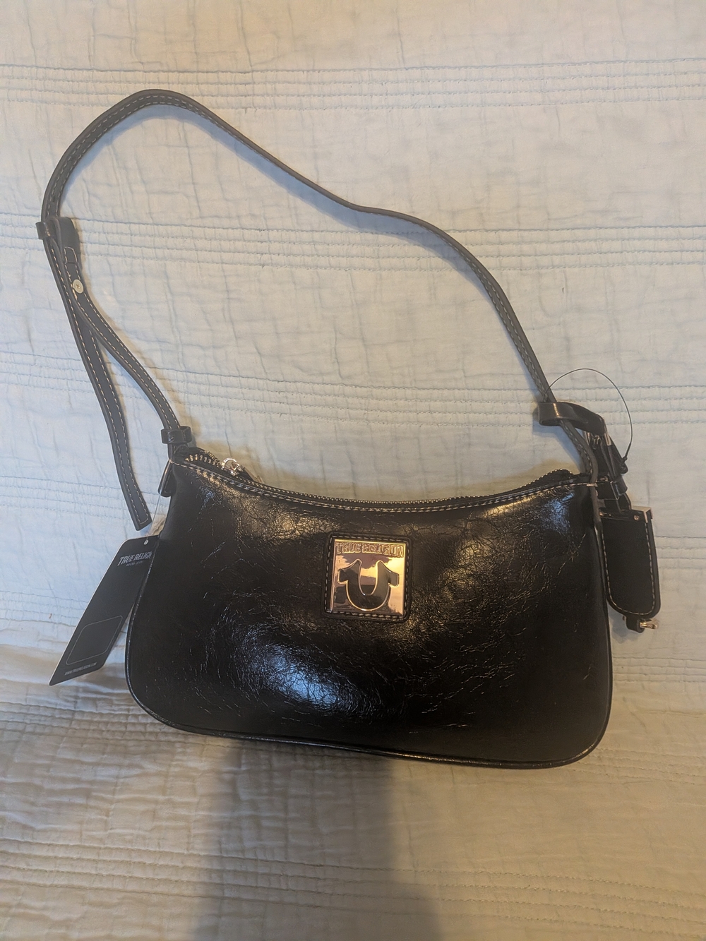 True Religion Black Shoulder Bag with Gold Logo Plaque